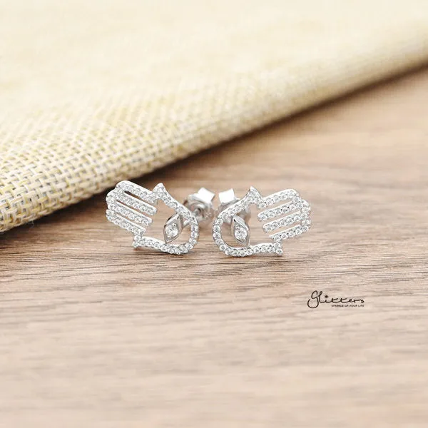 925 Sterling Silver CZ Paved Hamas Hand Stud Earrings Glitters Earrings