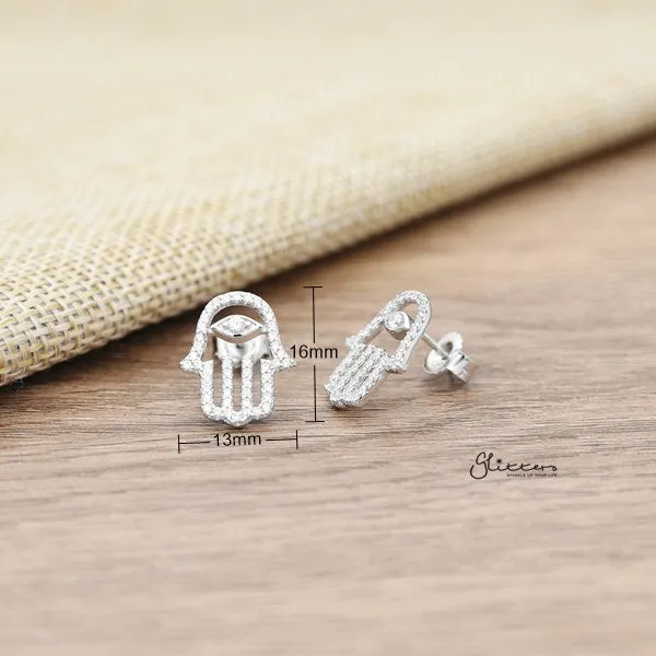 925 Sterling Silver CZ Paved Hamas Hand Stud Earrings Glitters Earrings