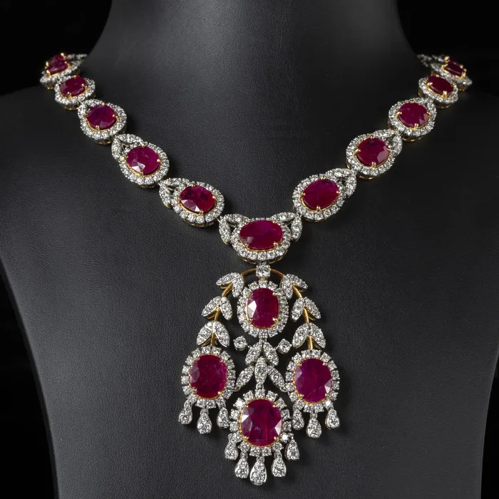 Beauvince Earrings Sensations Necklace Earrings and Bracelet Suite 15444 ct Rubies Diamonds in Gold
