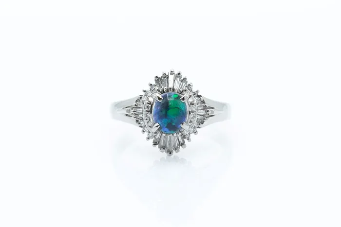 Crown Jewels Coin Rings Blue Opal and Diamond Vintage Platinum Ring