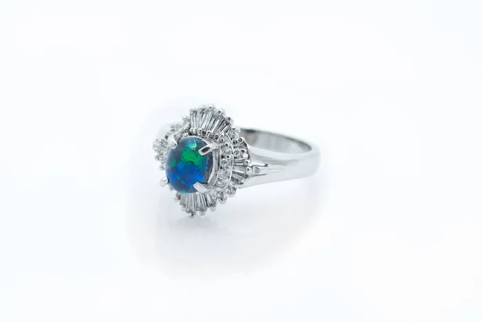 Crown Jewels Coin Rings Blue Opal and Diamond Vintage Platinum Ring
