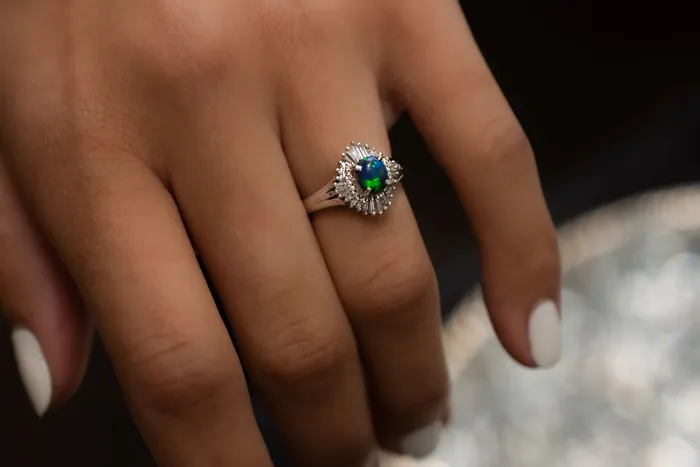 Crown Jewels Coin Rings Blue Opal and Diamond Vintage Platinum Ring