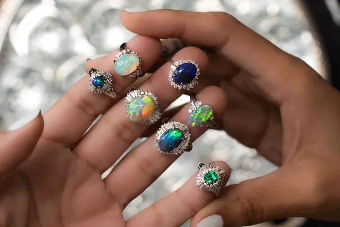 Crown Jewels Coin Rings Blue Opal and Diamond Vintage Platinum Ring