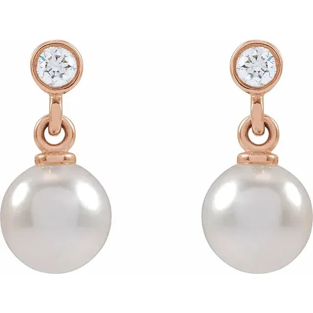 Cultured Akoya Pearl Bezel Diamond Drop Dangle Earrings Solid 14K Yellow White Rose Gold Storyteller by Vintage Magnality Earrings