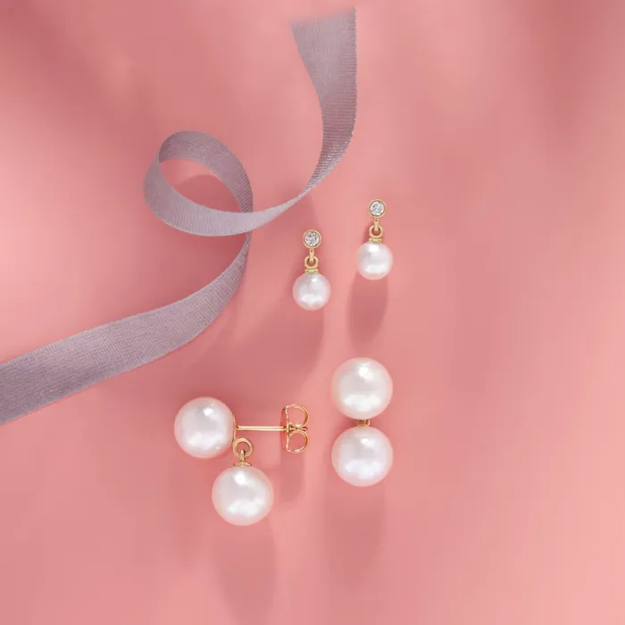 Cultured Akoya Pearl Bezel Diamond Drop Dangle Earrings Solid 14K Yellow White Rose Gold Storyteller by Vintage Magnality Earrings