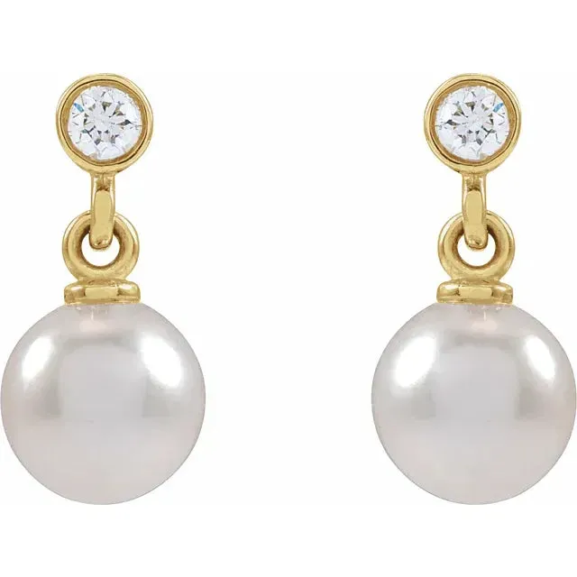Cultured Akoya Pearl Bezel Diamond Drop Dangle Earrings Solid 14K Yellow White Rose Gold Storyteller by Vintage Magnality Earrings