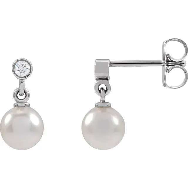 Cultured Akoya Pearl Bezel Diamond Drop Dangle Earrings Solid 14K Yellow White Rose Gold Storyteller by Vintage Magnality Earrings