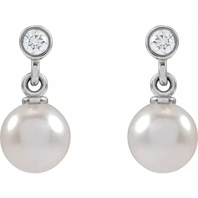 Cultured Akoya Pearl Bezel Diamond Drop Dangle Earrings Solid 14K Yellow White Rose Gold Storyteller by Vintage Magnality Earrings