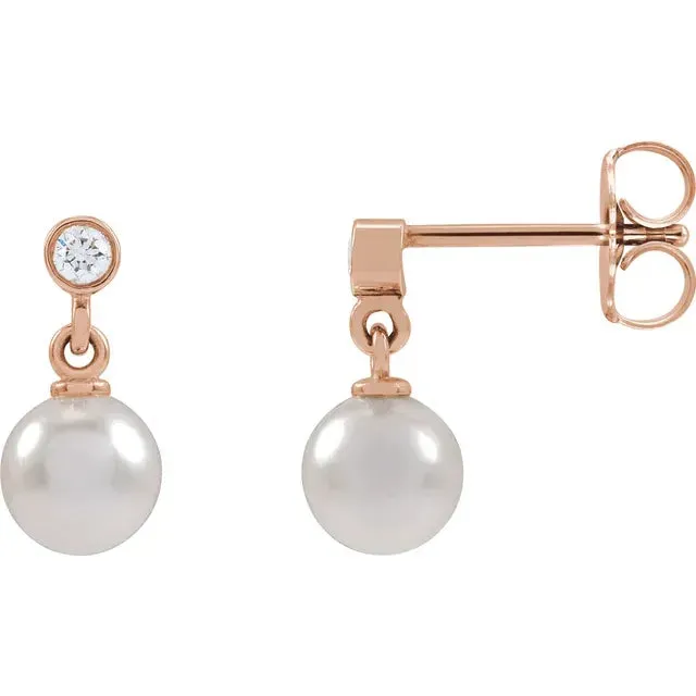 Cultured Akoya Pearl Bezel Diamond Drop Dangle Earrings Solid 14K Yellow White Rose Gold Storyteller by Vintage Magnality Earrings