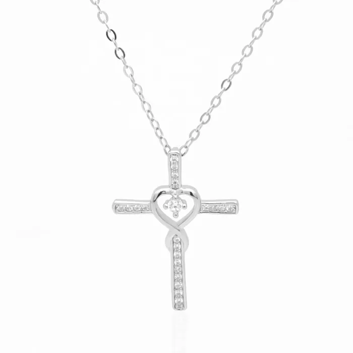 CZ Paved Cross with Heart Sterling Silver Necklace Glitters Necklaces