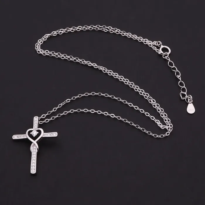 CZ Paved Cross with Heart Sterling Silver Necklace Glitters Necklaces