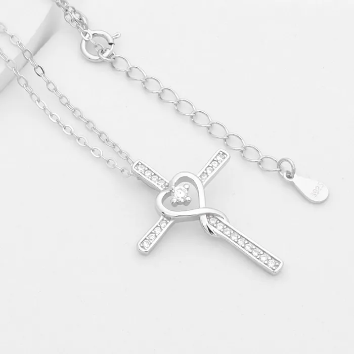 CZ Paved Cross with Heart Sterling Silver Necklace Glitters Necklaces