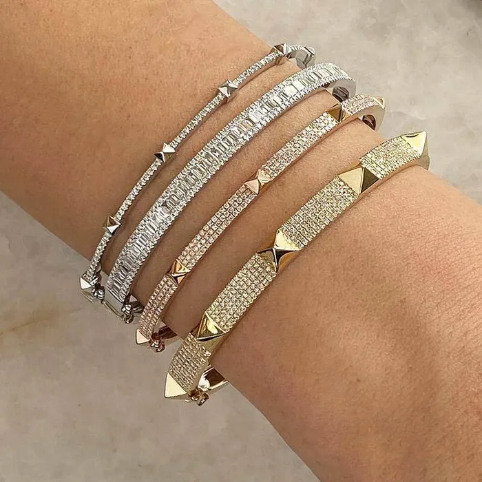 Earrings 14K Gold 5Row Diamond Pave Pyramid Stud Bangle Izakov Diamonds Fine Jewelry