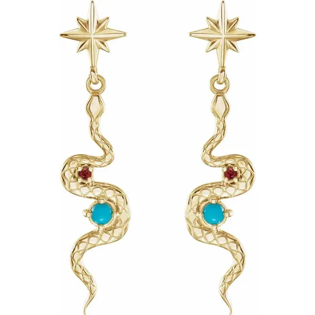 Earrings 302 Fine Jewelry Celestial Dangle Snake Natural Turquoise Ruby Earrings Solid 14K Yellow White Rose Gold Earrings 302 Fine Jewelry Celestial Dangle Snake Natural Turquoise Ruby Earrings Solid 14K Yellow White Rose Gold