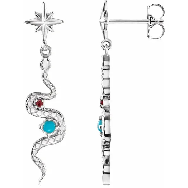 Earrings 302 Fine Jewelry Celestial Dangle Snake Natural Turquoise Ruby Earrings Solid 14K Yellow White Rose Gold