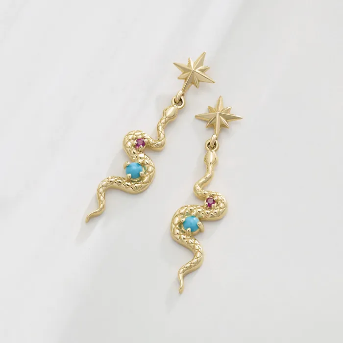 Earrings 302 Fine Jewelry Celestial Dangle Snake Natural Turquoise Ruby Earrings Solid 14K Yellow White Rose Gold
