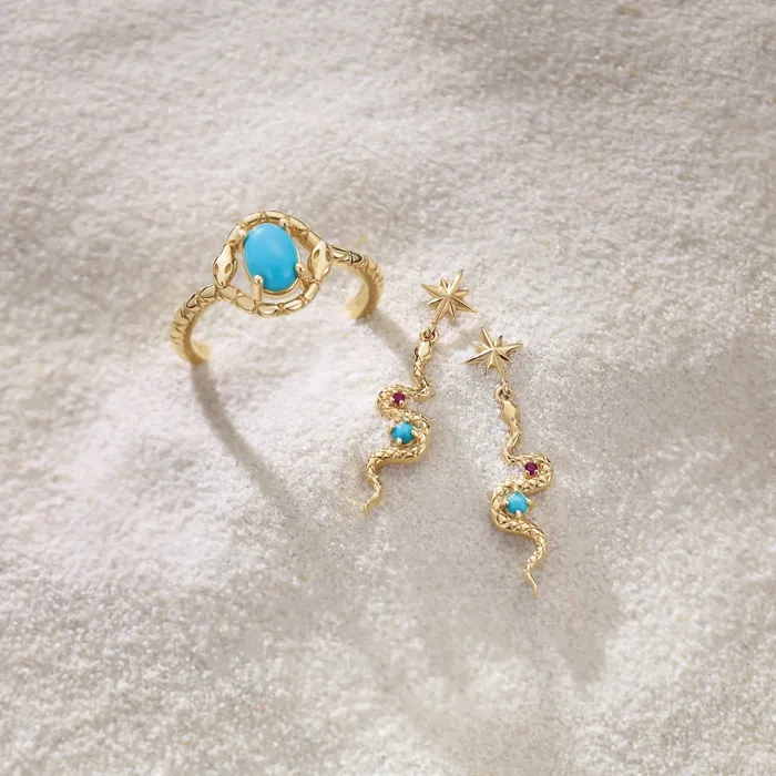 Earrings 302 Fine Jewelry Celestial Dangle Snake Natural Turquoise Ruby Earrings Solid 14K Yellow White Rose Gold