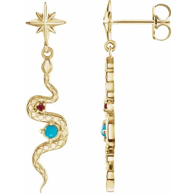 Earrings 302 Fine Jewelry Celestial Dangle Snake Natural Turquoise Ruby Earrings Solid 14K Yellow White Rose Gold