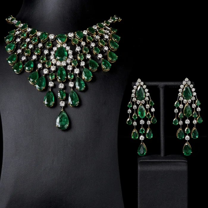 Earrings Beauvince Nritya Emerald Diamond Necklace Earrings Suite 17954 ct Gemstones in Gold
