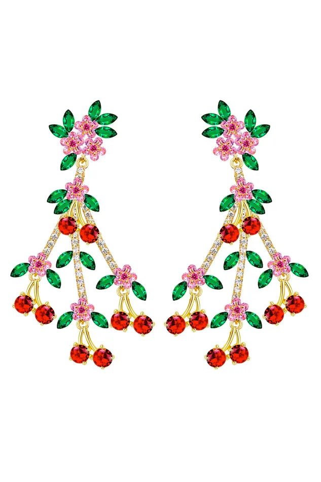 Earrings Eye Candy LA Donya Cherry 18K Gold Plated CZ Drop Earring