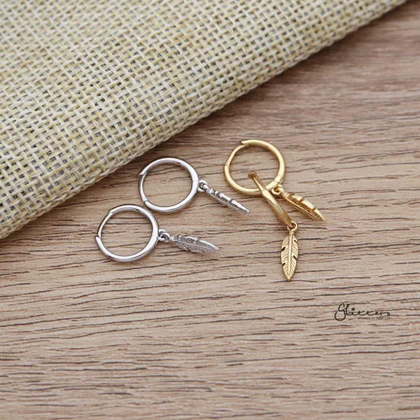 Earrings Glitters 925 Sterling Silver Dangle Feather OneTouch Huggie Hoop Earrings Earrings Glitters 925 Sterling Silver Dangle Feather OneTouch Huggie Hoop Earrings