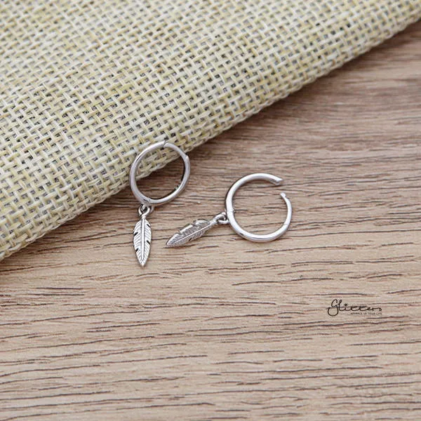 Earrings Glitters 925 Sterling Silver Dangle Feather OneTouch Huggie Hoop Earrings