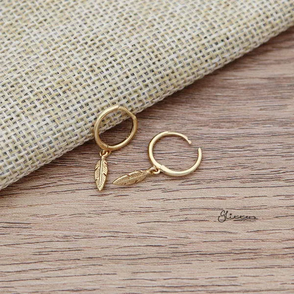Earrings Glitters 925 Sterling Silver Dangle Feather OneTouch Huggie Hoop Earrings