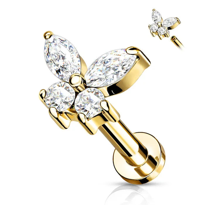 Earrings Glitters Prong Set CZ Butterfly Tragus Cartilage Barbell Stud Gold