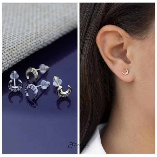 Earrings Glitters Solid 925 Sterling Silver CZ Crescent Moon Stud Earrings