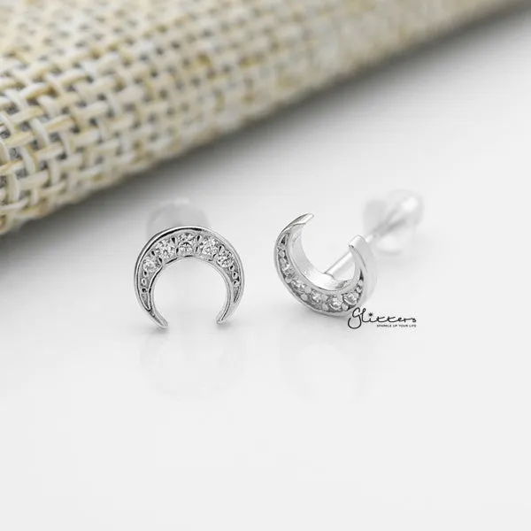 Earrings Glitters Solid 925 Sterling Silver CZ Crescent Moon Stud Earrings
