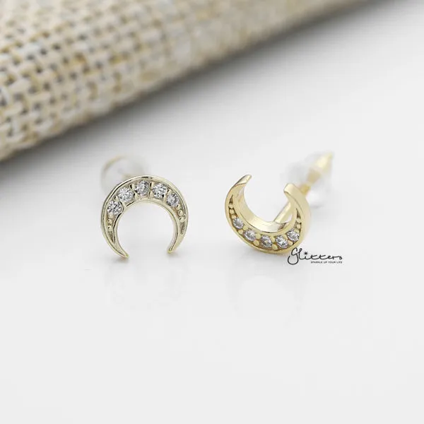 Earrings Glitters Solid 925 Sterling Silver CZ Crescent Moon Stud Earrings
