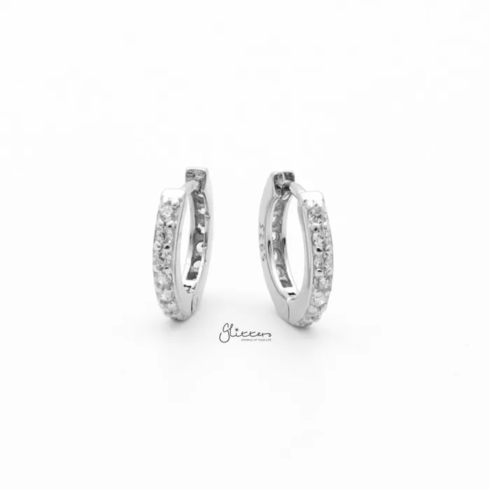 Earrings Glitters Sterling Silver CZ Paved OneTouch Huggie Hoop Earrings Silver Earrings Glitters Sterling Silver CZ Paved OneTouch Huggie Hoop Earrings Silver