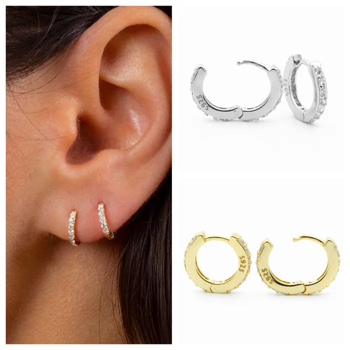 Earrings Glitters Sterling Silver CZ Paved OneTouch Huggie Hoop Earrings Silver