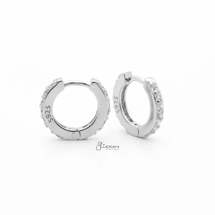 Earrings Glitters Sterling Silver CZ Paved OneTouch Huggie Hoop Earrings Silver