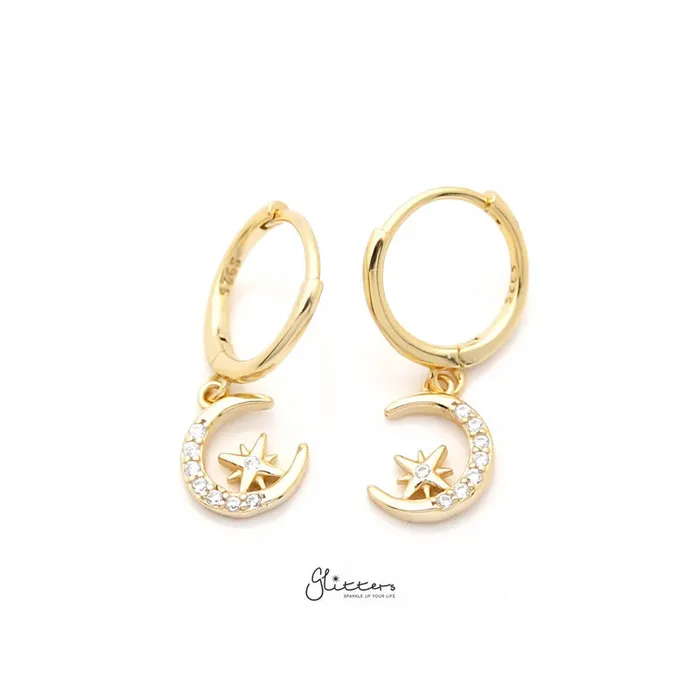Earrings Glitters Sterling Silver Huggie Hoop Earrings with Dangle CZ Moon and Star Gold Earrings Glitters Sterling Silver Huggie Hoop Earrings with Dangle CZ Moon and Star Gold