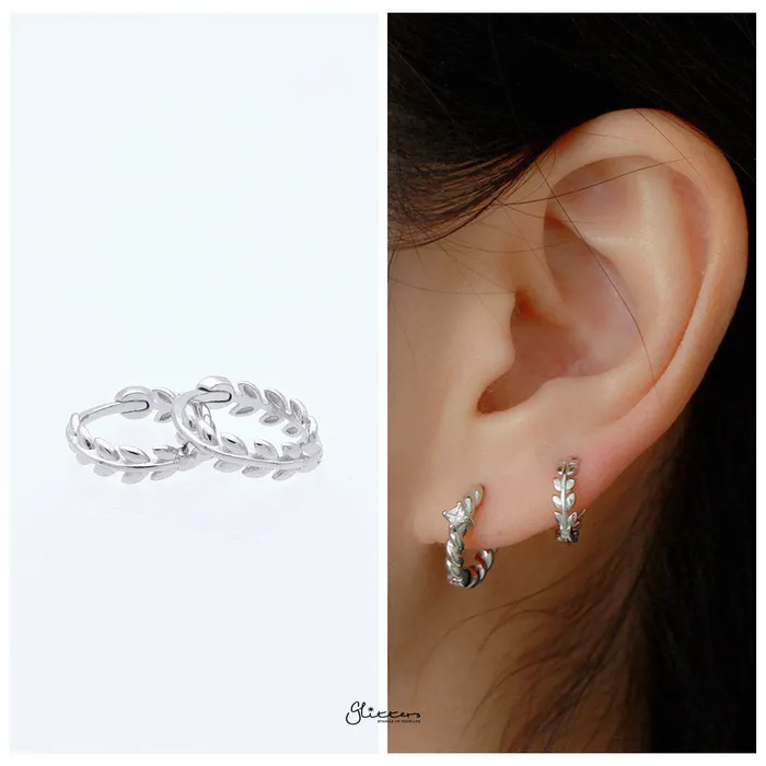 Earrings Sterling Silver Leaves Huggie Hoop Earrings Silver Glitters