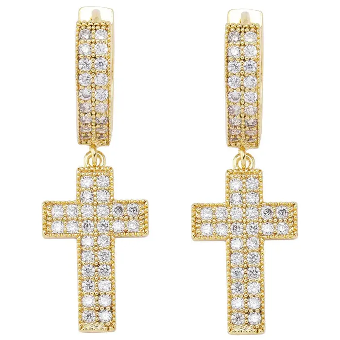 Earrings The Icetruck Diamond Cross Hoop Earrings in Yellow Gold