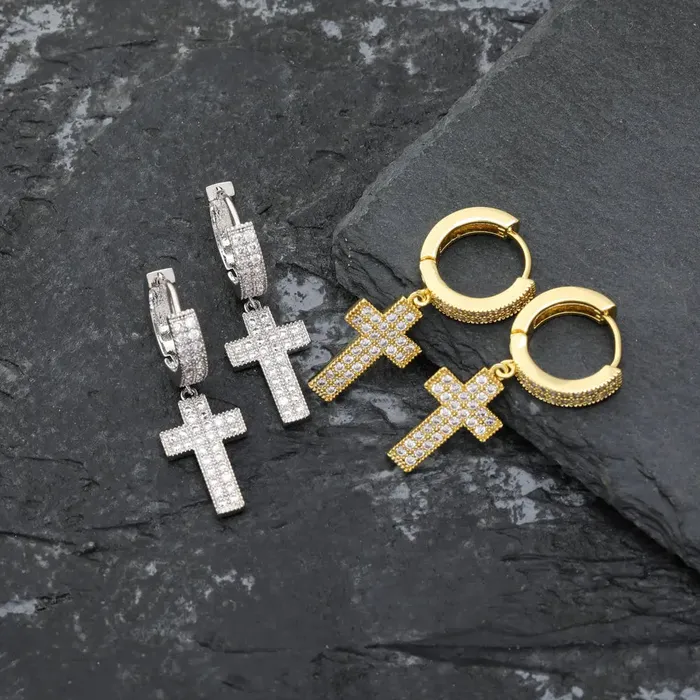 Earrings The Icetruck Diamond Cross Hoop Earrings in Yellow Gold Earrings The Icetruck Diamond Cross Hoop Earrings in Yellow Gold