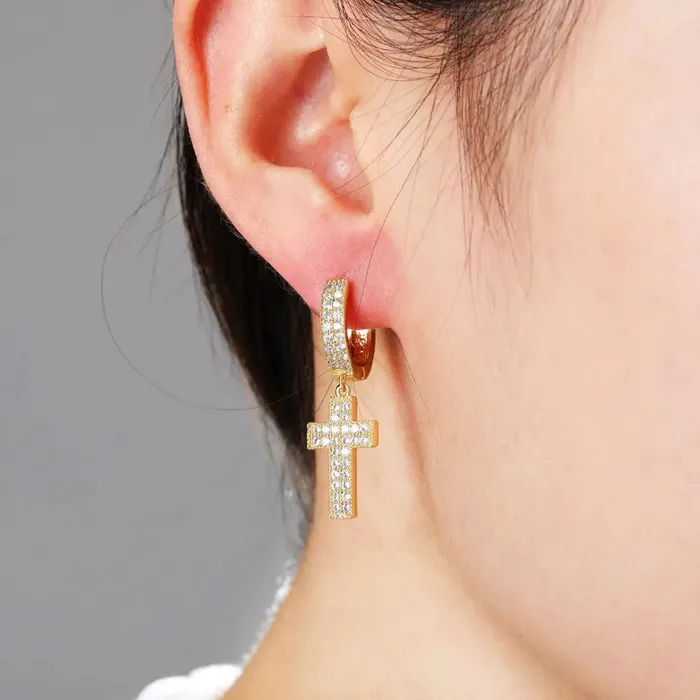 Earrings The Icetruck Diamond Cross Hoop Earrings in Yellow Gold Earrings The Icetruck Diamond Cross Hoop Earrings in Yellow Gold