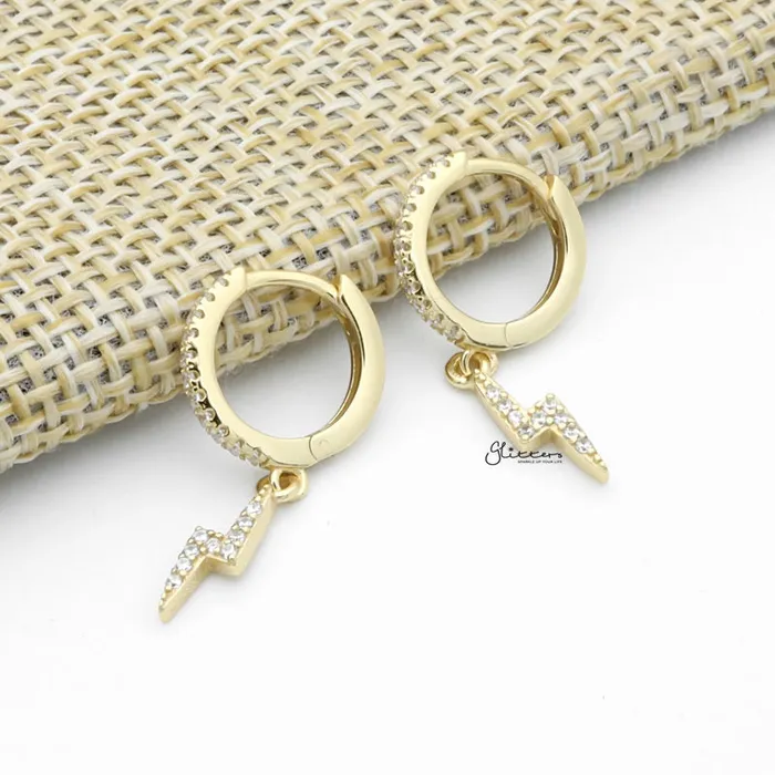 Glitters Earrings CZ Paved Huggie Hoop Earrings with Dangle Lightning Bolt Gold Glitters Earrings CZ Paved Huggie Hoop Earrings with Dangle Lightning Bolt Gold