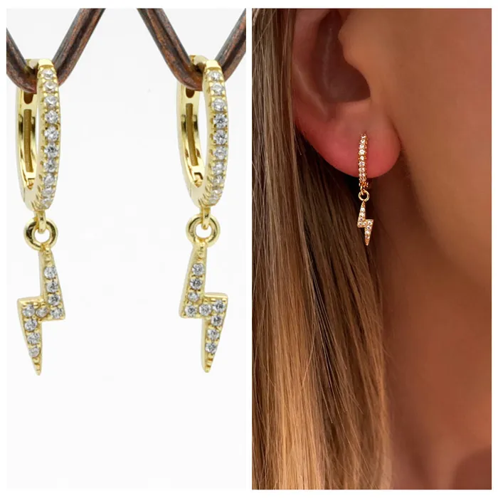 Glitters Earrings CZ Paved Huggie Hoop Earrings with Dangle Lightning Bolt Gold