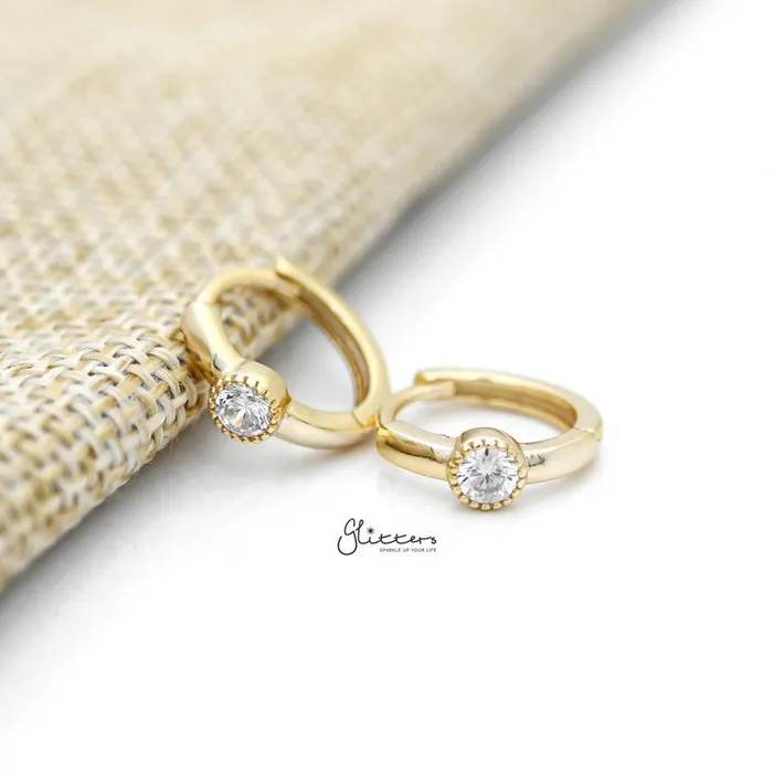 Glitters Earrings Round CZ Centred Sterling Silver OneTouch Huggie Hoop Earring Gold Glitters Earrings Round CZ Centred Sterling Silver OneTouch Huggie Hoop Earring Gold