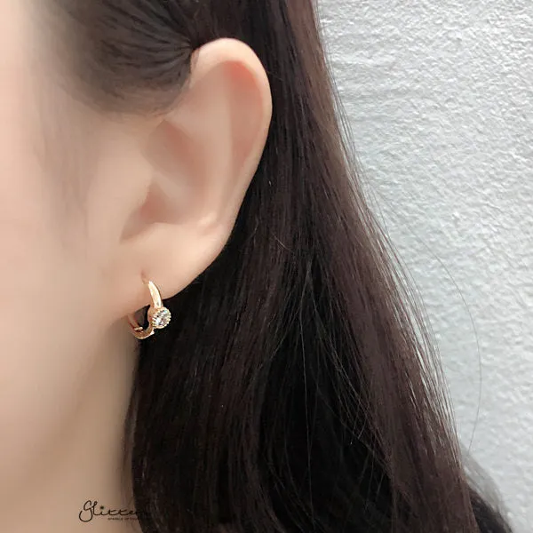 Glitters Earrings Round CZ Centred Sterling Silver OneTouch Huggie Hoop Earring Gold