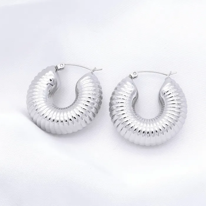 Glitters Earrings Stainless Steel Chunky Textured Hoop Earrings Silver