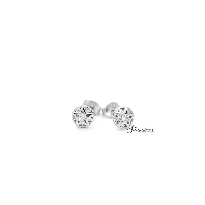 Glitters Earrings Sterling Silver Circle Star with CZ Womens Stud Earrings