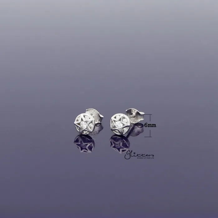 Glitters Earrings Sterling Silver Circle Star with CZ Womens Stud Earrings