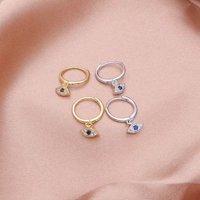 Glitters Earrings Sterling Silver Evil Eye Charm Huggie Hoop Earrings Gold