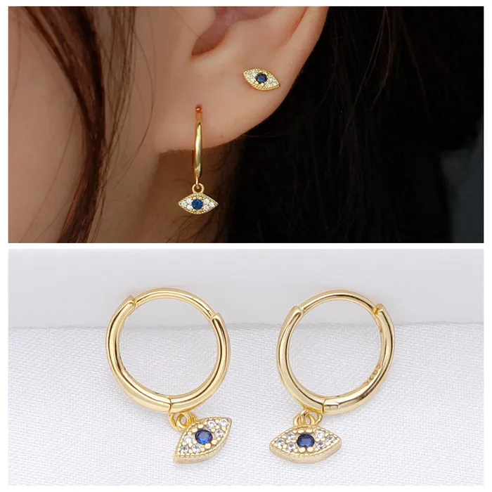Glitters Earrings Sterling Silver Evil Eye Charm Huggie Hoop Earrings Gold