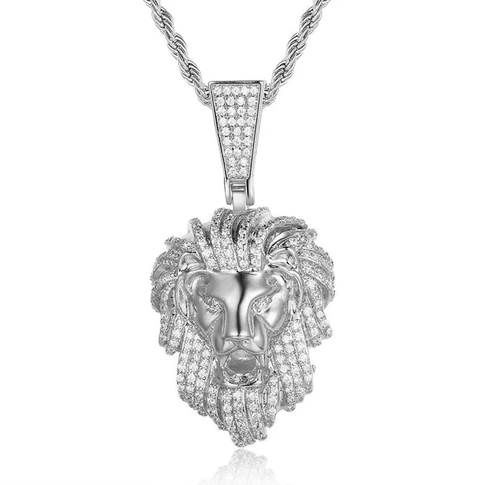 Glitters Necklaces Iced Out Lion Head Pendant Silver