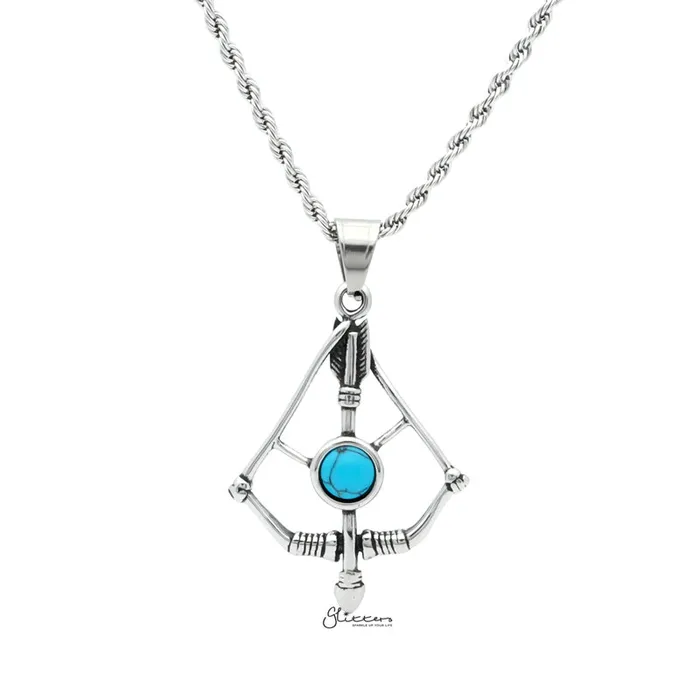 Glitters Necklaces Stainless Steel Bow and Arrow With Turquoise Centre Pendant